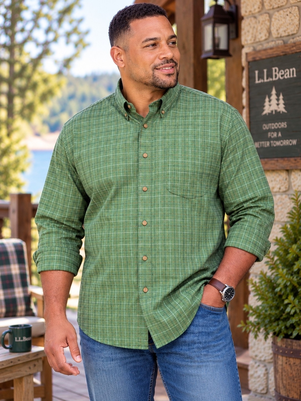 L.L.Bean XXL Green Plaid Wrinkle Resistant Traditional Fit Cotton Shirt Outdoor